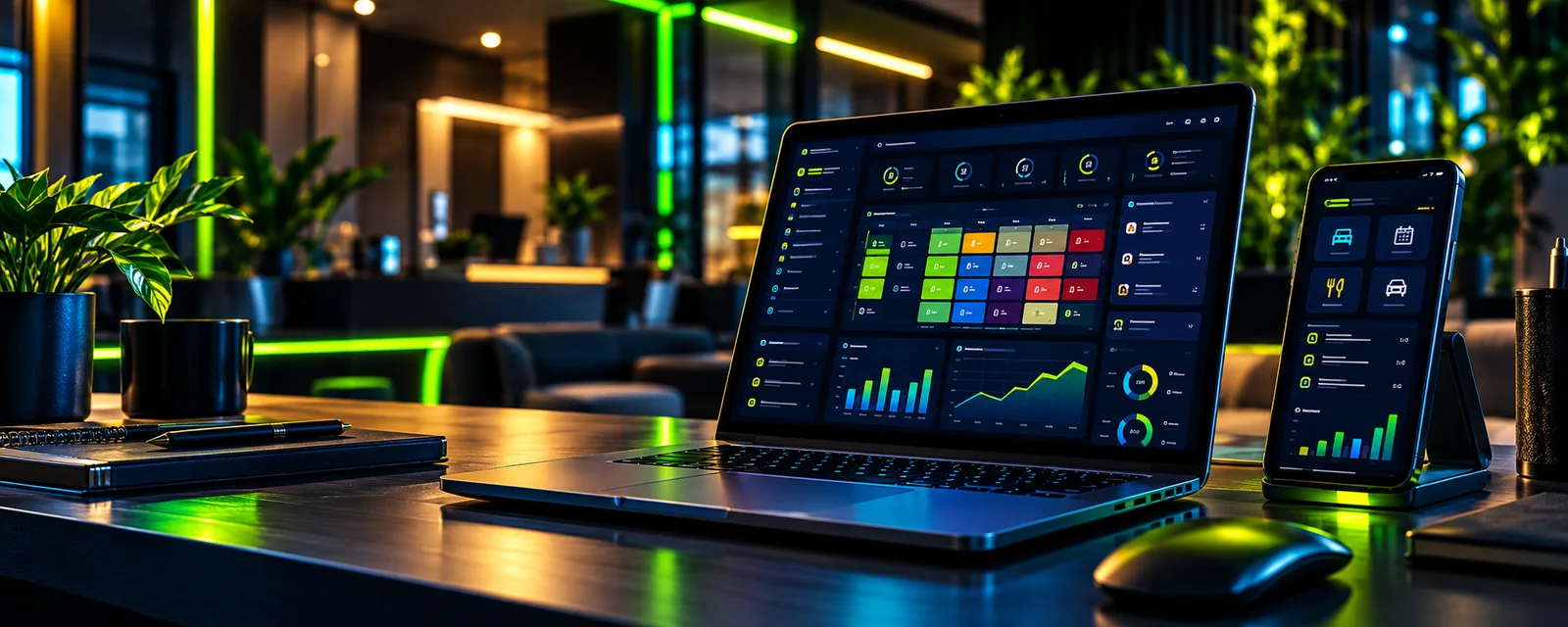 Ambiente tecnológico ilustrativo da BRsys com soluções digitais e interfaces em diferentes dispositivos