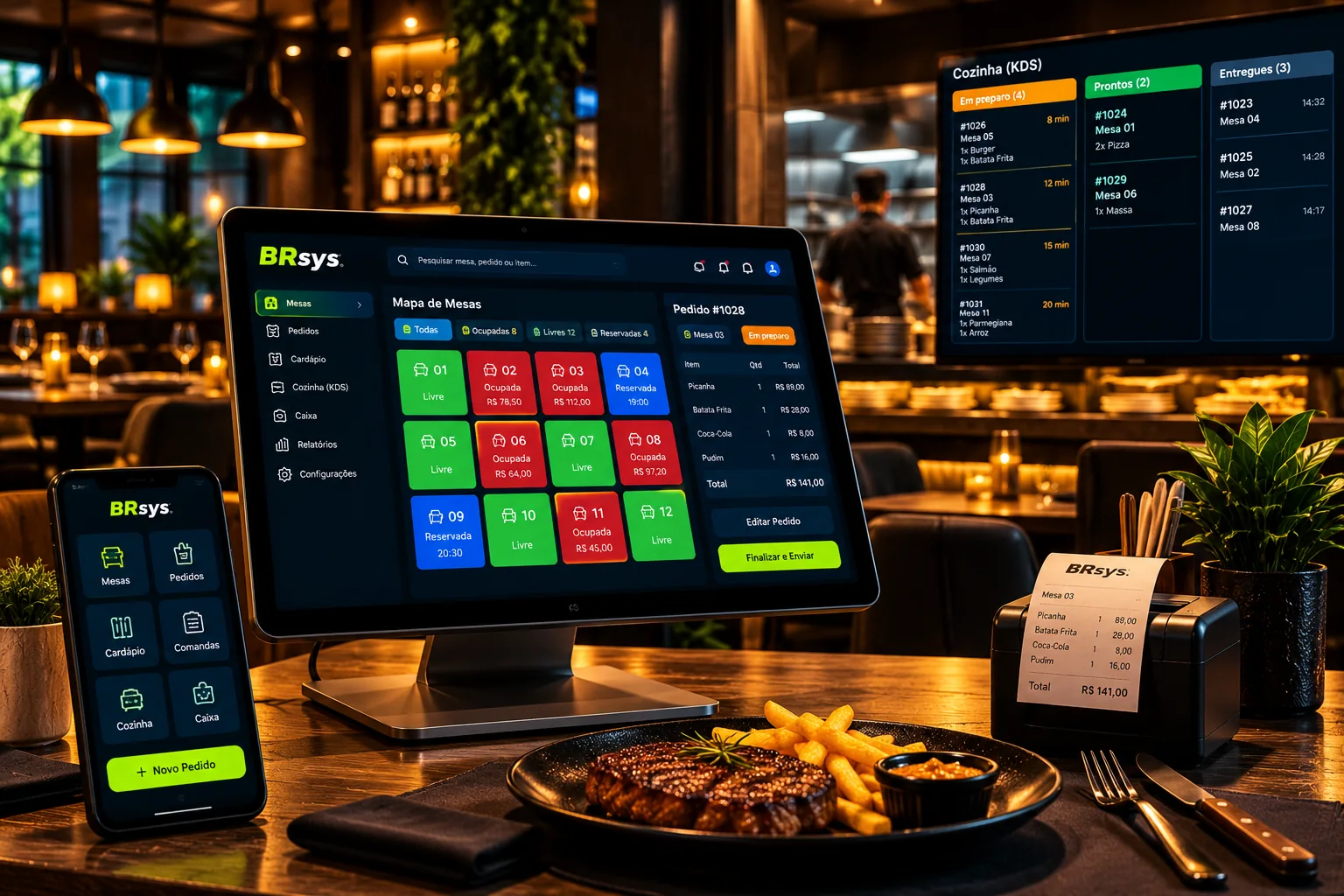Ilustração BRsys de restaurantes, bares e PDV integrados à hotelaria
