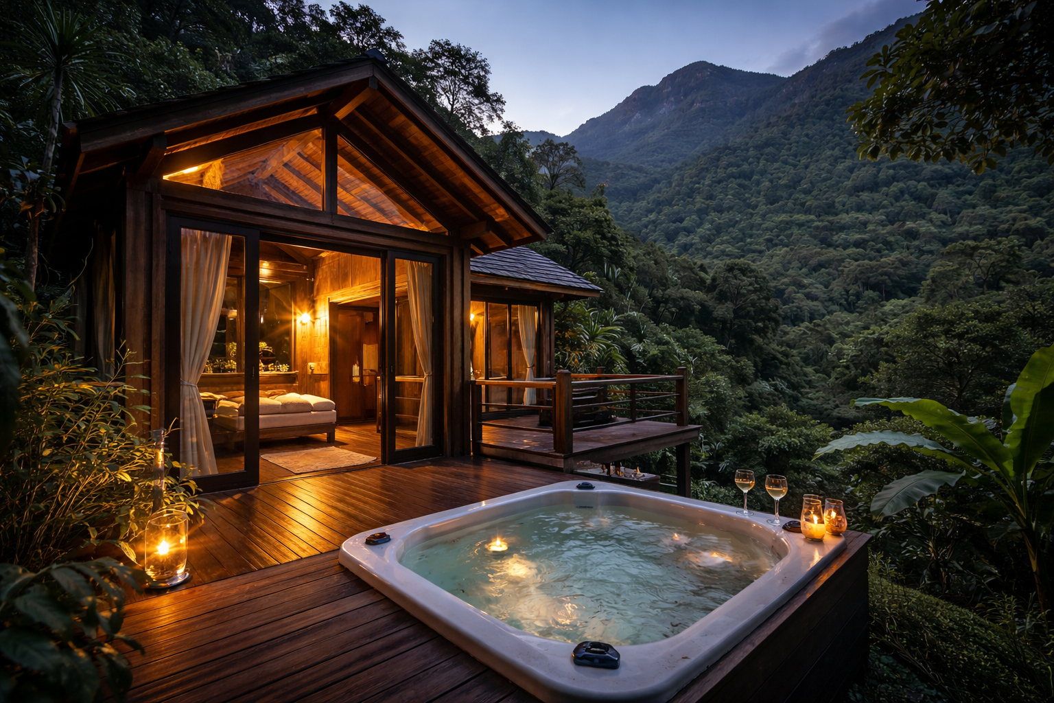 Chalé com hidromassagem e vista para a mata