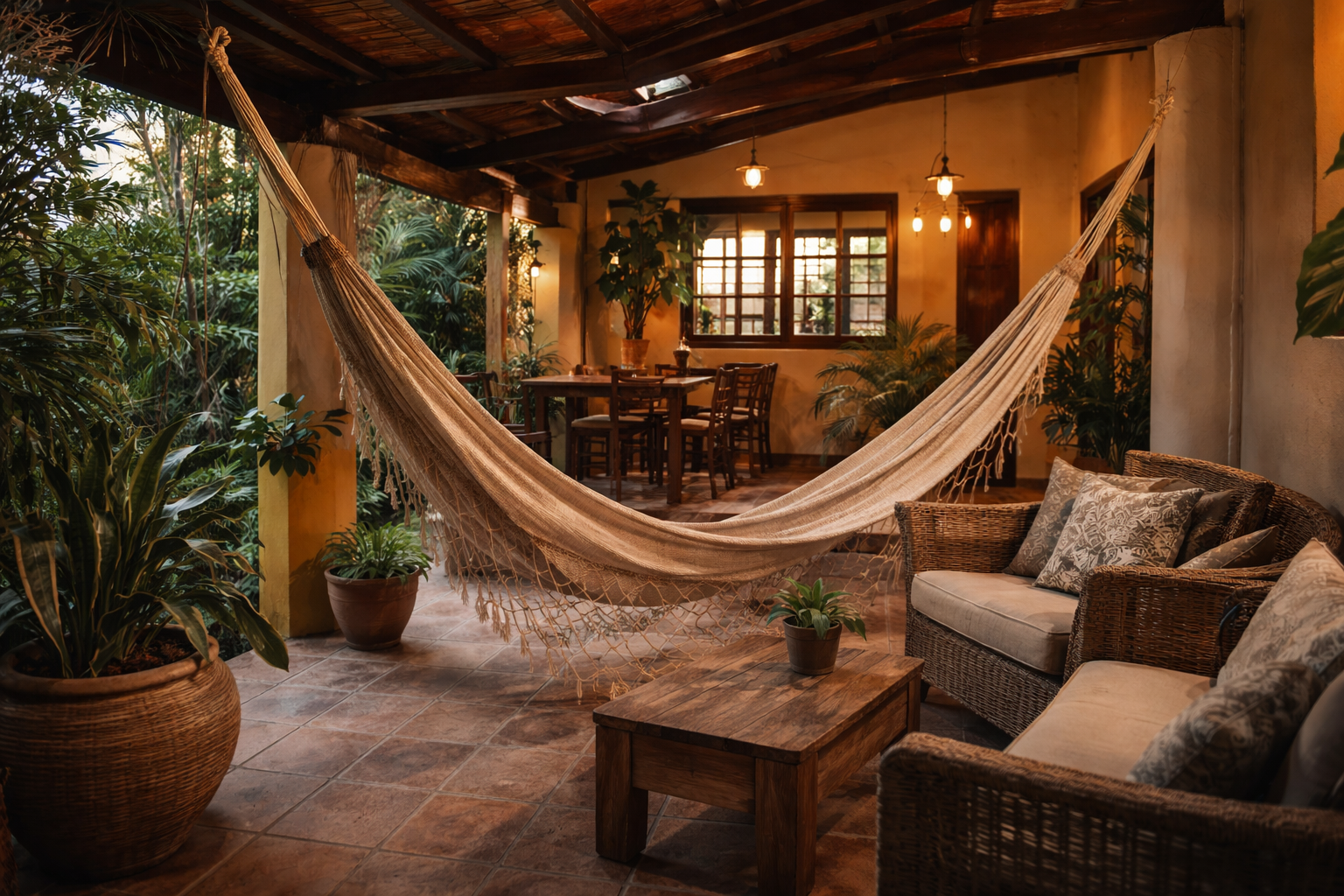 Varanda com redário e área de descanso na Vila Venina